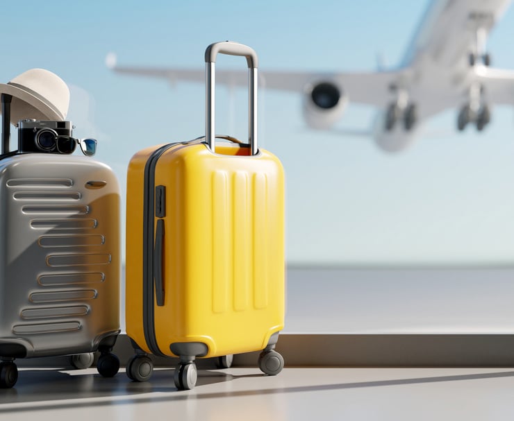 Zwei Reisekoffer stehen am Flughafenfenster, während ein Flugzeug im Hintergrund abhebt – Mehr erfahren zu praktische Technik Reisebegleiter