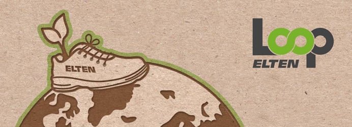Eine Illustration auf braunem Recyclingpapier zeigt einen ELTEN-Schuh mit einer Pflanze auf einer Erdkugel neben dem "Loop ELTEN"-Logo zur Darstellung von Nachhaltigkeit.