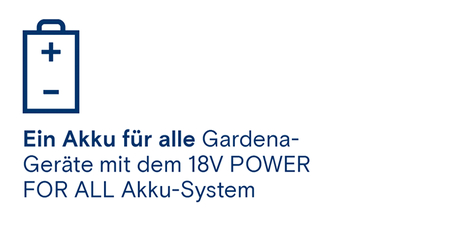 Ein Gardena Akku-Symbol zeigt Kompatibilität mit 18V POWER FOR ALL Akku-System für alle Geräte.