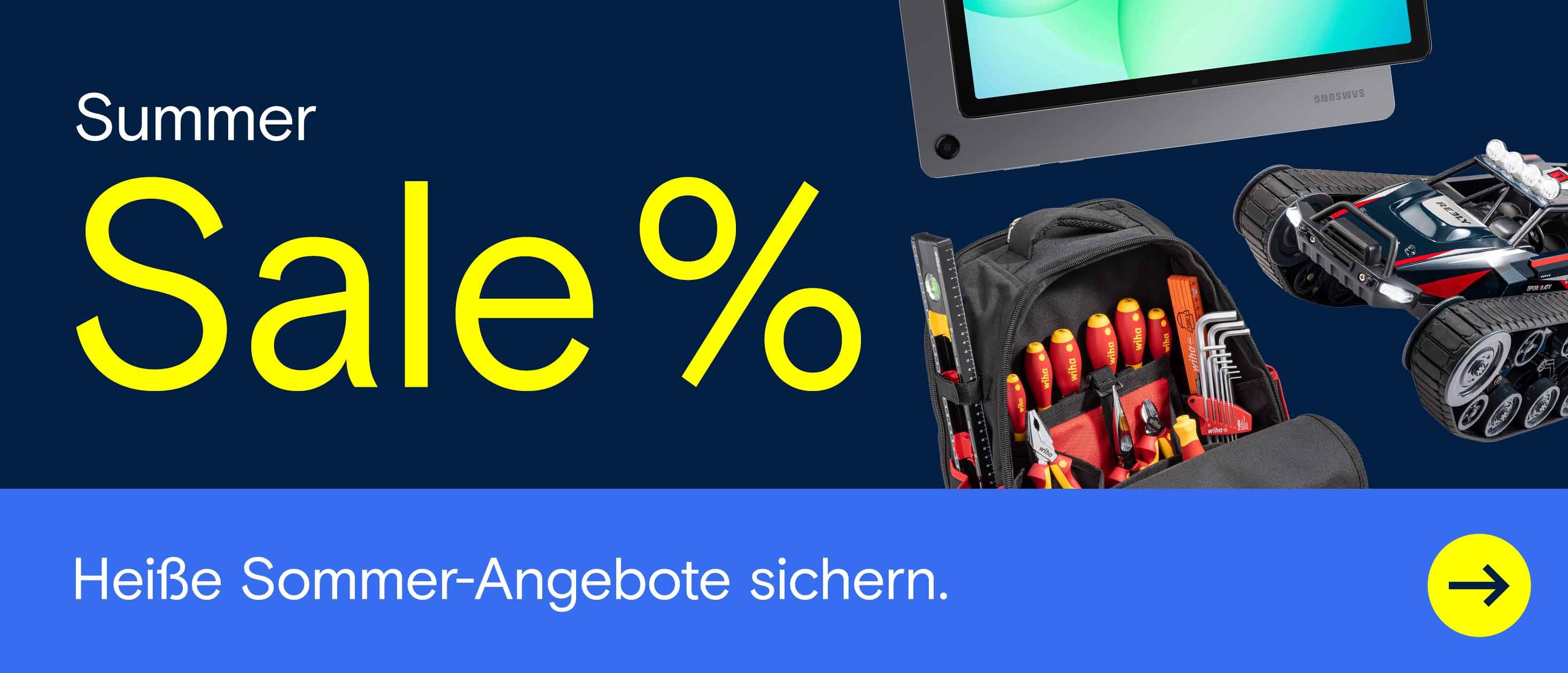 Werbebanner für den Summer Sale mit Tablet, Werkzeugrucksack, ferngesteuertem Kettenfahrzeug und dem Hinweis „Sale %“.
