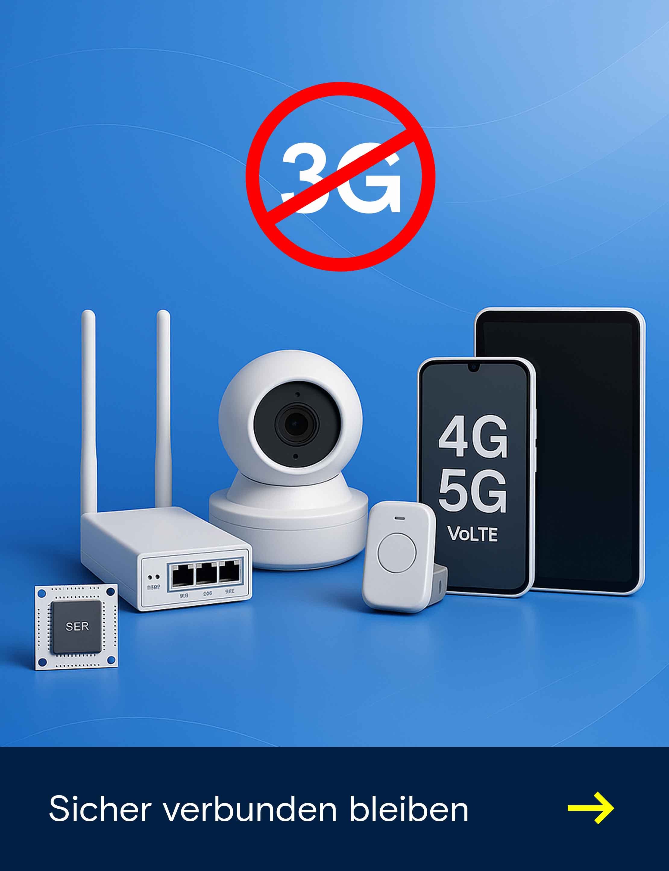 Illustration zeigt moderne Kommunikationsgeräte wie Router, Kamera, Smartphone und Tablet vor einem „3G verboten“-Symbol mit dem Hinweis auf 4G/5G, darunter der Text „Sicher verbunden bleiben“.