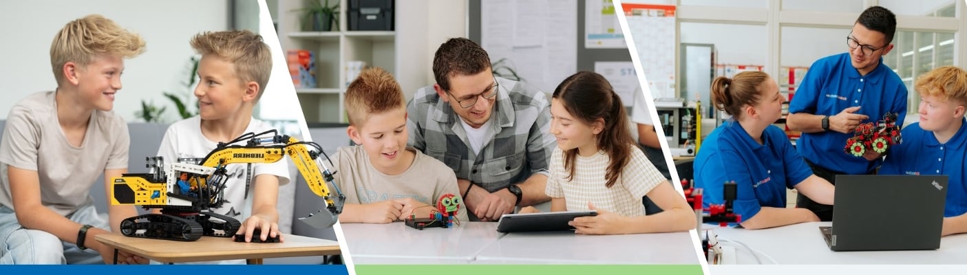 Zwei Jungen schauen sich lächelnd an, während sie ein gelbes ferngesteuertes Baufahrzeug bedienen. Mitte: Ein Lehrer beugt sich über zwei Schüler, die an einem Tablet arbeiten. Rechts: Ein Lehrer zeigt zwei Schülern ein rotes Roboter-Modell.