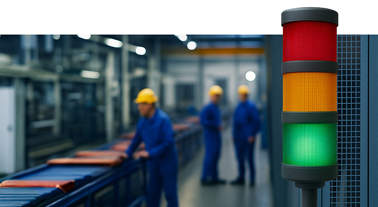 Drei Bauarbeiter in blauer Kleidung und gelben Helmen in einer Fabrik. Rechts eine Ampel mit rotem, gelbem und grünem Licht.