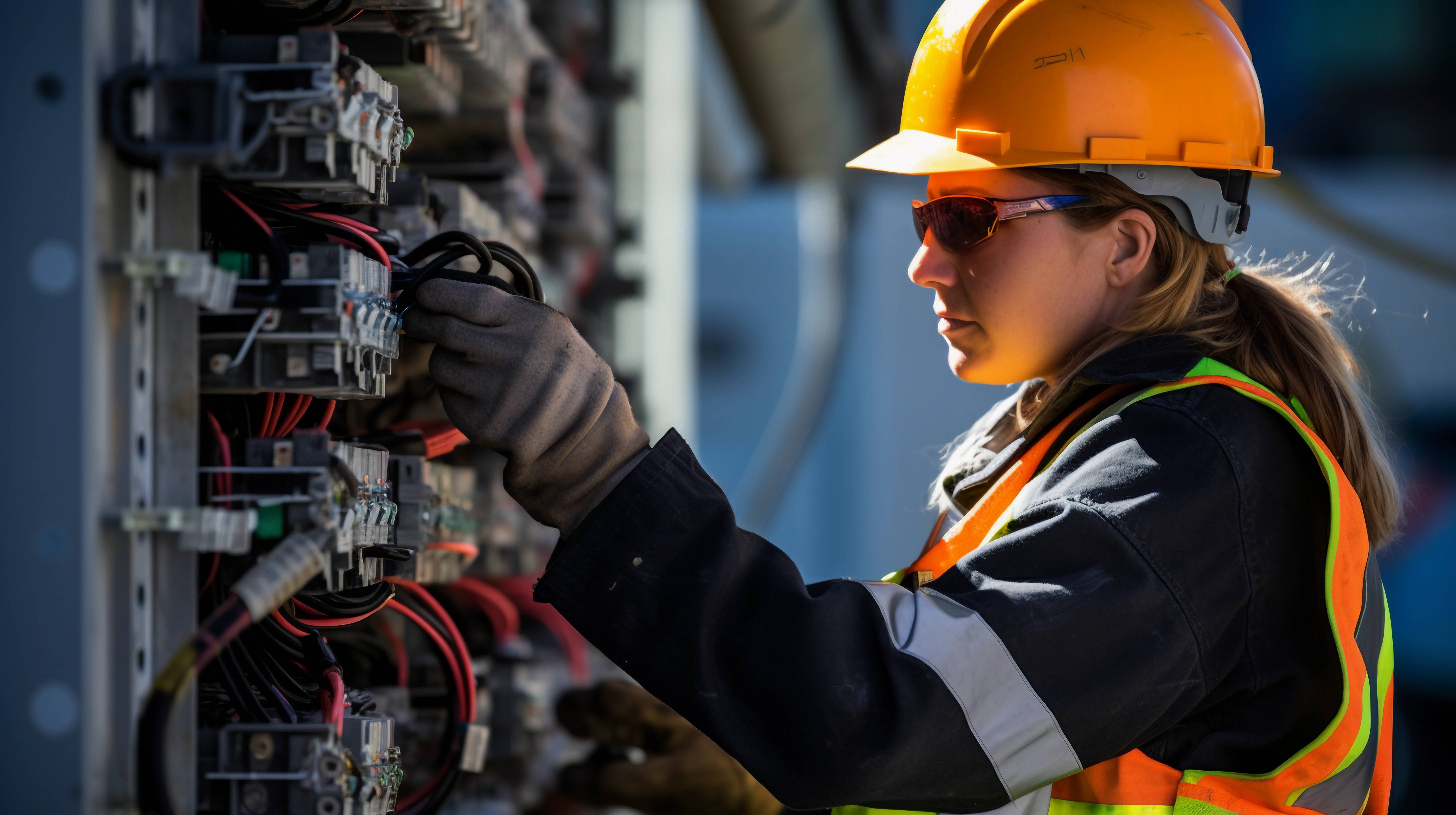 Eine weibliche Elektrikerin in Schutzhelm und Warnweste arbeitet an einer elektrischen Schalttafel im Freien.