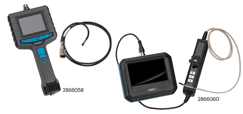 Zwei Hazet Inspektionskamera-Sets mit Handgerät und externem Monitor für professionelle Anwendungen.