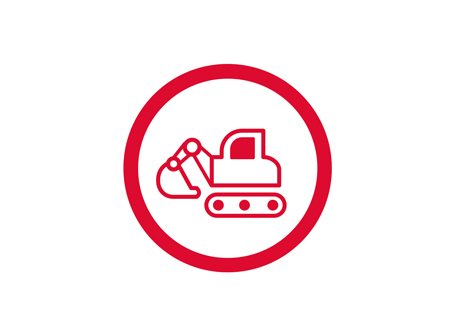 Ein rotes kreisförmiges Icon auf weißem Grund zeigt die stilisierte Linienzeichnung eines Baggers mit Kettenlaufwerk und Schaufel.