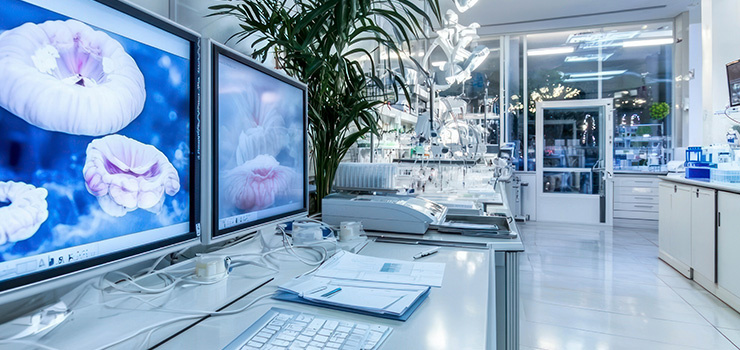 Abb. modernes medizinisches Labor aus Forschung und Wissenschaft mit Fokus auf einen Desktop-Arbeitsplatz
