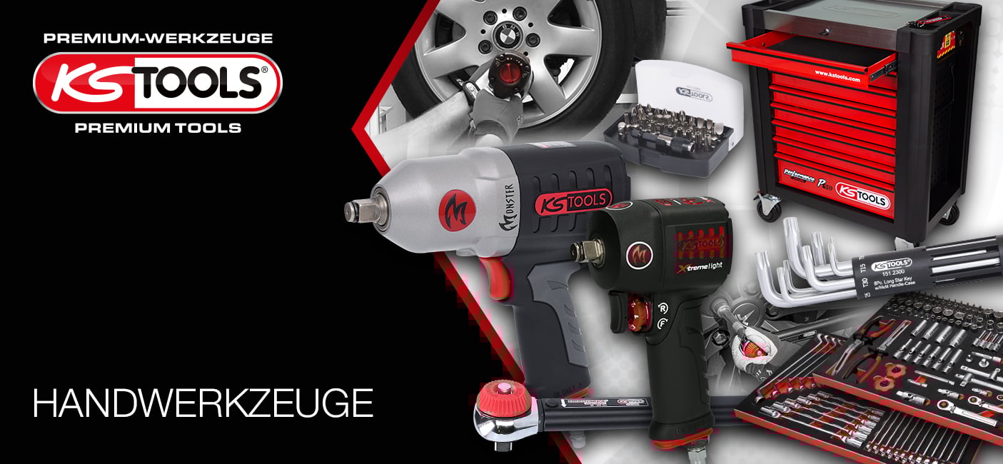 Banner für KS Tools Handwerkzeuge mit einer Auswahl an Premium-Produkten wie Druckluft-Schlagschraubern, einem roten Werkstattwagen, Drehmomentschlüssel und umfangreichen Werkzeugeinlagen.