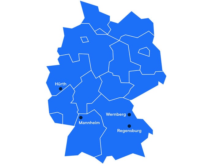 Stilisierte Landkarte von Deutschland mit Markierungen für die Conrad Profistores.