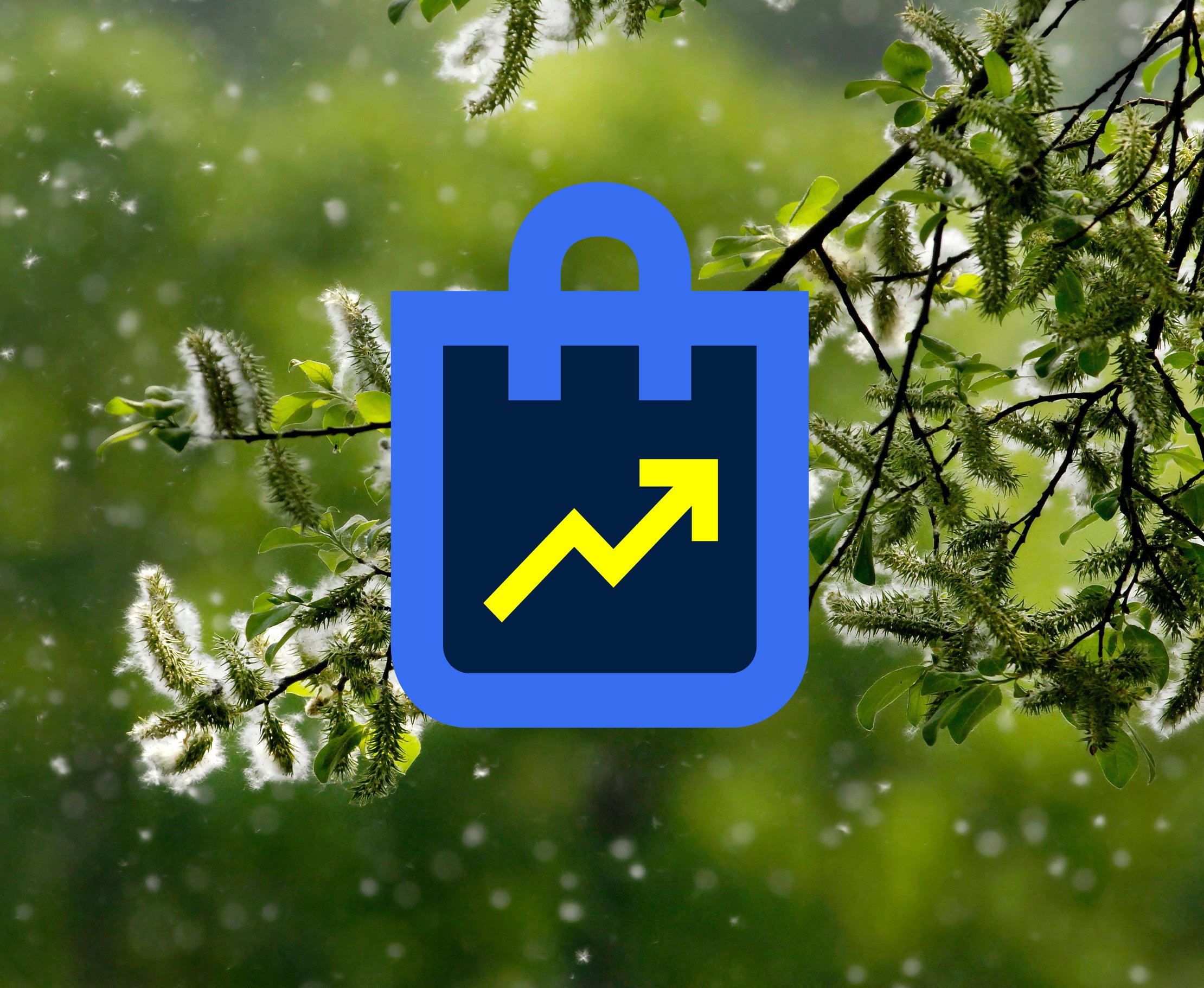 Ein Icon einer Tasche sitzt inmitten eines grünen Hintergrunds und einem Ast.