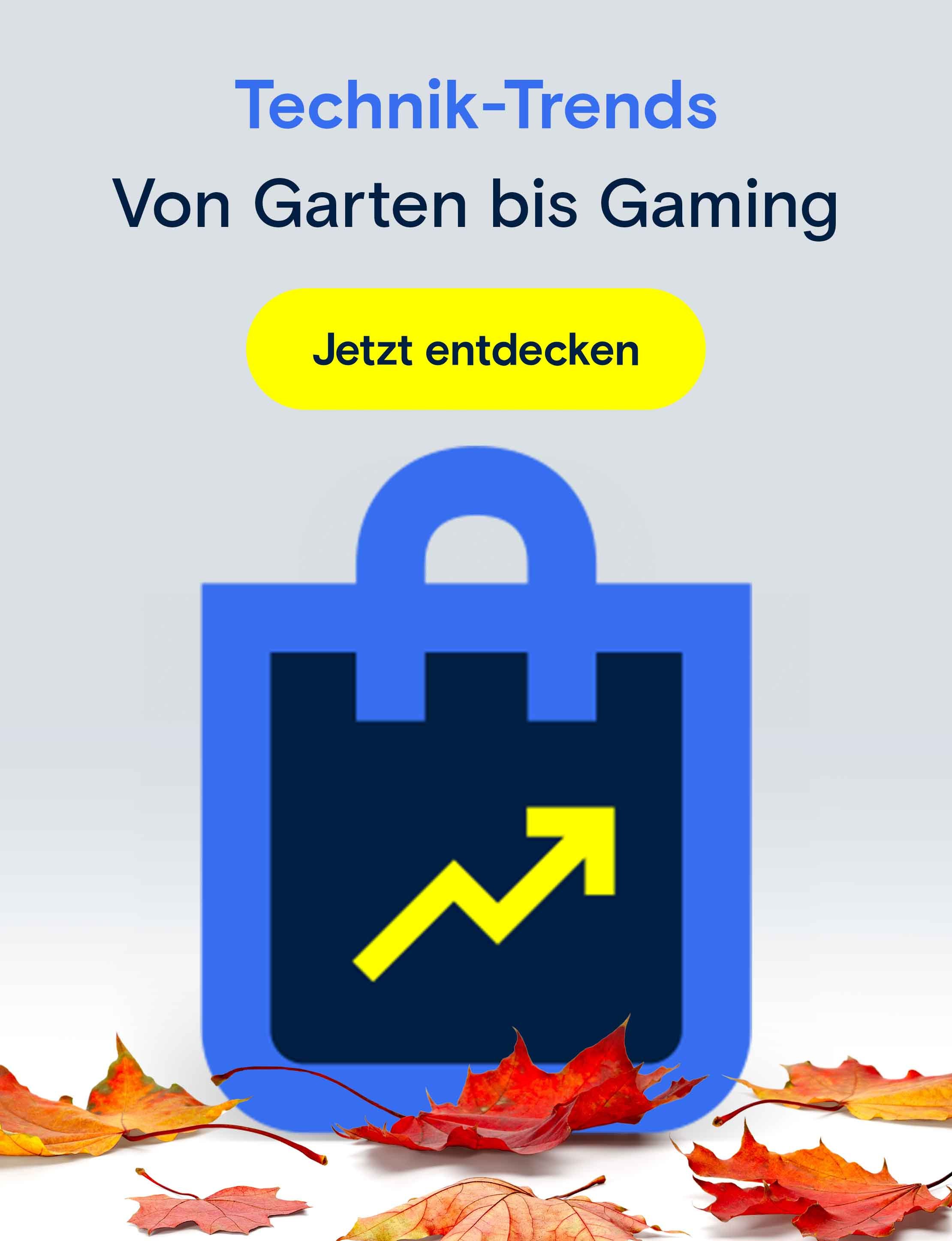 Herbstliche Grafik mit bunten Blättern, einem stilisierten Einkaufsbeutel mit Aufwärtspfeil und dem Text "Technik-Trends – Von Garten bis Gaming – Jetzt entdecken".