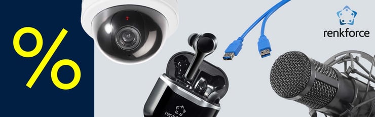 Überwachungskamera, kabellose Ohrhörer, USB-Kabel und Mikrofon der Marke renkforce neben Prozentzeichen – Technikangebote im Sale.
