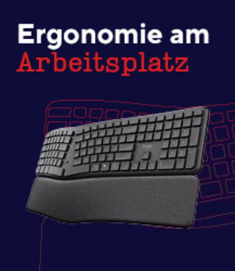 Auf dunkelblauem Hintergrund ist eine ergonomische Tastatur mit Handballenauflage abgebildet, darüber der deutsche Text „Ergonomie am Arbeitsplatz“.