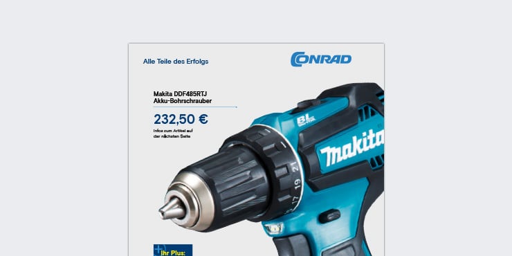 Graue Titelseite mit einem grossen blauen Makita Akku-Bohrschrauber