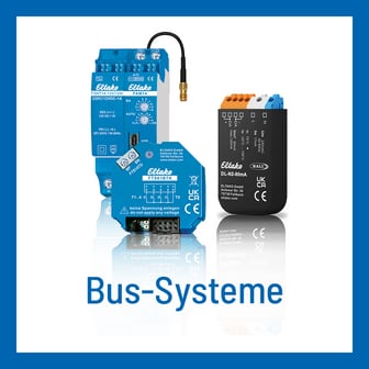 Ein Produktbild mit der Überschrift „Bus-Systeme“ zeigt verschiedene blaue und schwarze Eltako-Smart-Home-Module, darunter die Typen FSNT14, FAM14, FTS61BTK und ein DALI-Modul (DL-N2-80mA) vor einem weißen Hintergrund mit Spiegelungen.