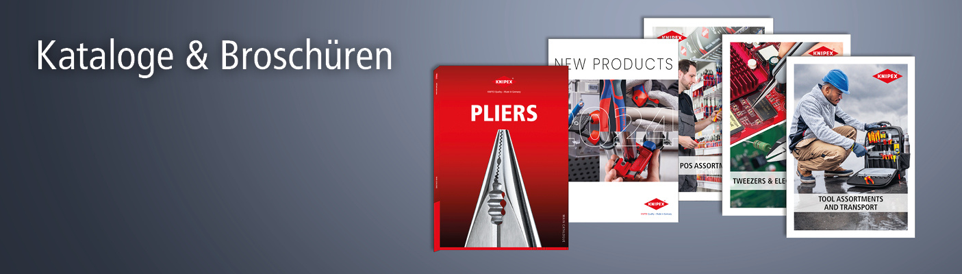 Eine Reihe von Knipex-Werkzeugen, mit scharfem Fokus auf das vorderste. Text: Knipex Quality – Made in Germany.