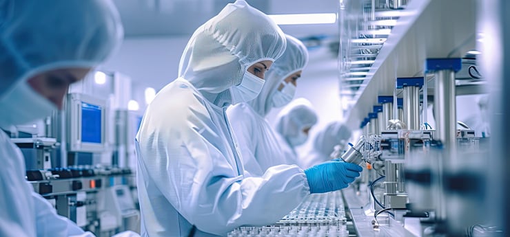 Fachpersonal in Schutzanzügen und Handschuhen arbeitet in modernem Laborumfeld mit hohen Standards in der Laborsicherheit.