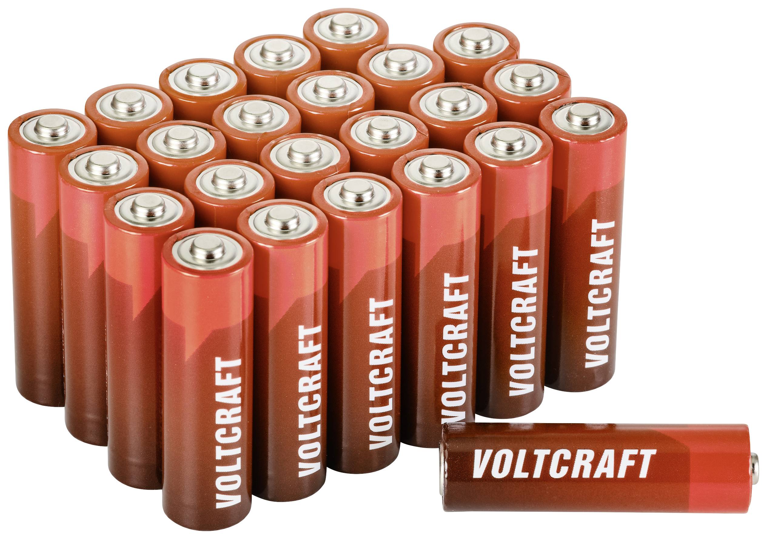 Mehrere zylindrische VOLTCRAFT-Batterien in einer Gruppe auf transparentem Hintergrund.