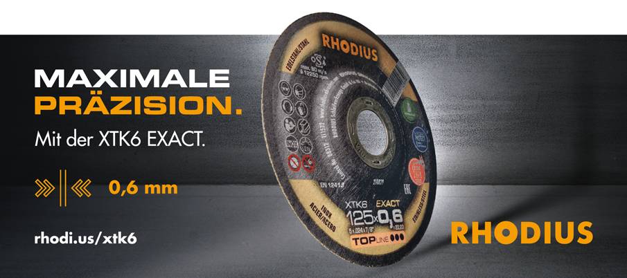 Ein Werbebanner der Marke Rhodius präsentiert eine Trennscheibe des Typs „XTK6 EXACT“ mit einer Dicke von 0,6 mm neben dem Werbeslogan „Maximale Präzision“.