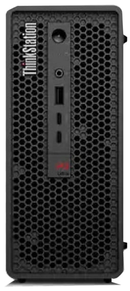 Vorderansicht einer Lenovo ThinkStation PGX Nvidia® mit der markanten Wabenstruktur und vertikal angeordneten Anschlüssen.