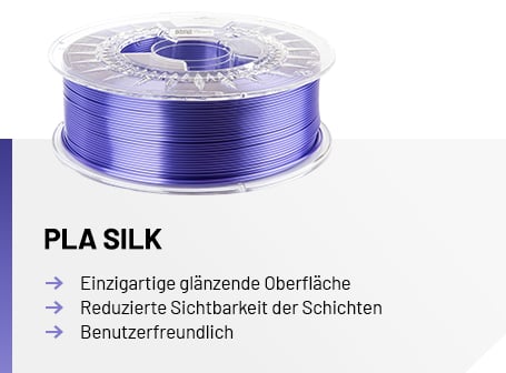 Eine transparente Spule mit glänzendem, lila Filament über einer Infografik, die den Schriftzug „PLA SILK“ sowie die Eigenschaften einzigartige glänzende Oberfläche, reduzierte Sichtbarkeit der Schichten und benutzerfreundlich auflistet.