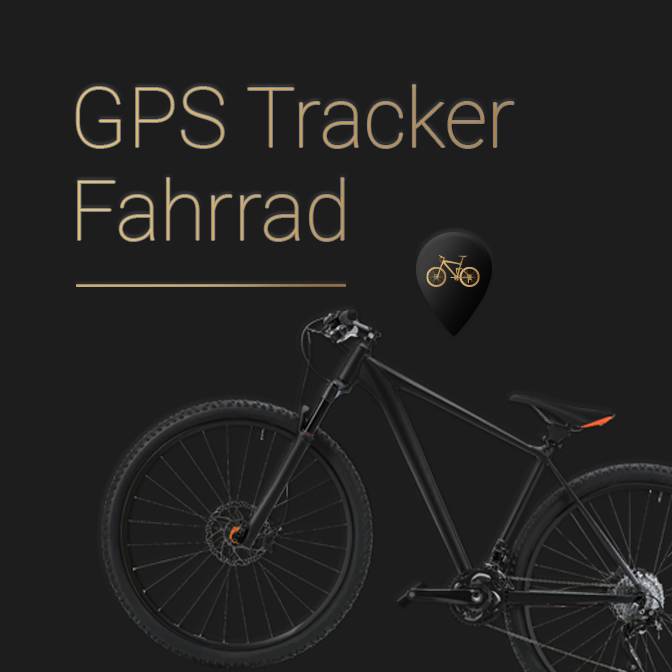 Dunkle Kachel mit dem Text "GPS Tracker Fahrrad" und einer Abbildung eines Fahrrads. Weiterleitung zu einer Produktseite über Fahrrad Tracker