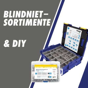 Das Bild zeigt eine offene blaue Sortimentsbox mit verschiedenen Blindnieten und eine kleinere, transparente Verpackung mit der Aufschrift "RIVETING ASSORTMENT", umgeben vom Text "BLINDNIET-SORTIMENTE & DIY".
