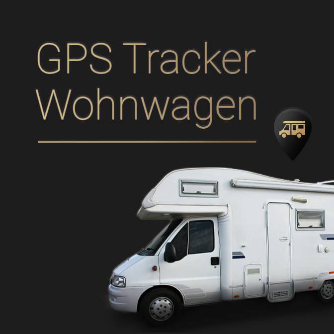 Dunkle Kachel mit dem Text "GPS Tracker Wohnwagen" und einem Wohnmobil. Weiterleitung zu einer Produktseite über Wohnwagen Tracker.