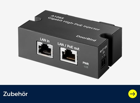 Ein freigestelltes Produktfoto zeigt einen schwarzen A1093 Gigabit High-PoE Injector von DoorBird mit zwei LAN-Anschlüssen.