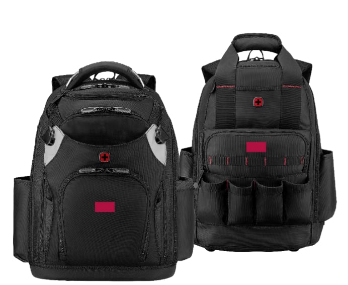 Zwei robuste, schwarze Rucksäcke der Marke Wenger mit dem markanten roten Kreuz-Logo stehen nebeneinander vor einem weißen Hintergrund.