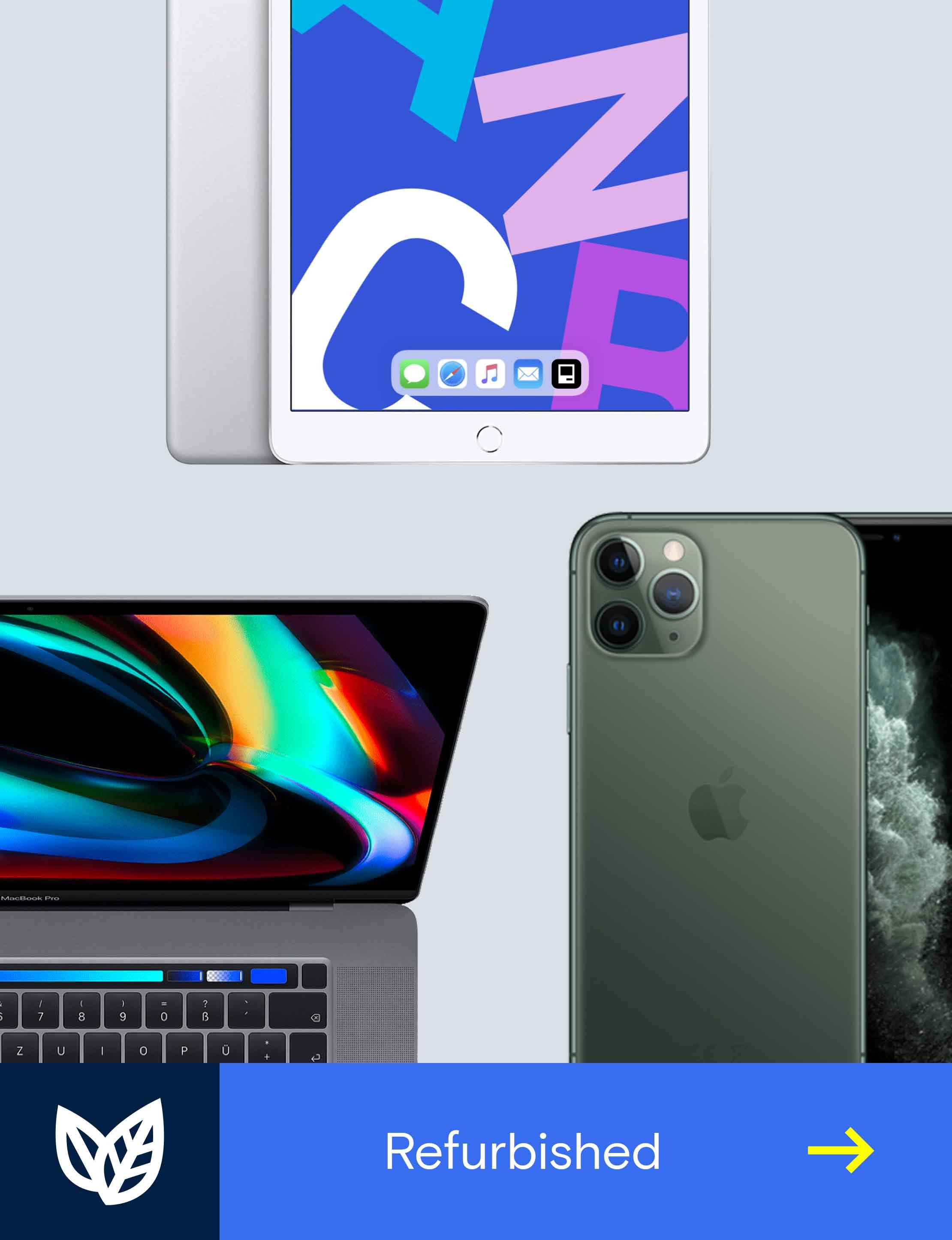 Produktecollage mit gebrauchten iPhones, MacBooks und iPads, daneben ein weisses Blattsymbol als Zeichen für Nachhaltigkeit.