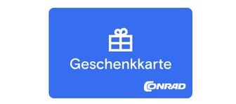 Das Bild zeigt eine rechteckige, blaue Karte mit abgerundeten Ecken. Oben mittig ist ein stilisiertes weißes Geschenkpäckchen-Symbol zu sehen. Darunter steht in weißer Schrift "Geschenkkarte". Im unteren rechten Bereich ist das weiße "Conrad"-Logo platziert.