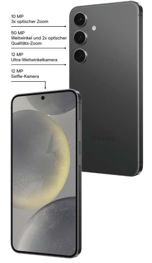 Samsung Galaxy S24 Enterprise Edition, schwarzes Smartphone mit Hauptkamera (50 MP Weitwinkel, 3x Zoom) und Selfie-Kamera.