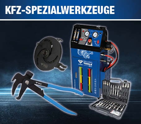 Verschiedene Brilliant Tools KFZ-Spezialwerkzeuge, darunter ein Automatikgetriebe-Spülgerät, ein Bremsen-Entlüfterset im Koffer sowie Spezialzangen, präsentiert unter der Überschrift „KFZ-Spezialwerkzeuge“.