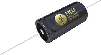 FTCAP bipolarer Kondensator: Schwarzes Modell mit goldenem F&T-Logo und axialen Anschlussdrähten.