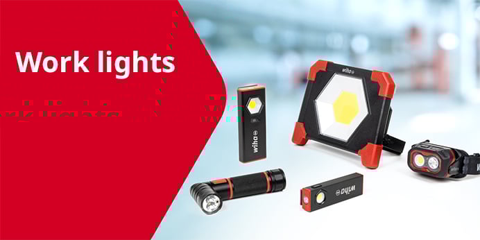  Wiha work lights, various models lined up.