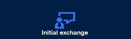 Light blue symbol of a person with a tie and speech bubble on a dark blue background.