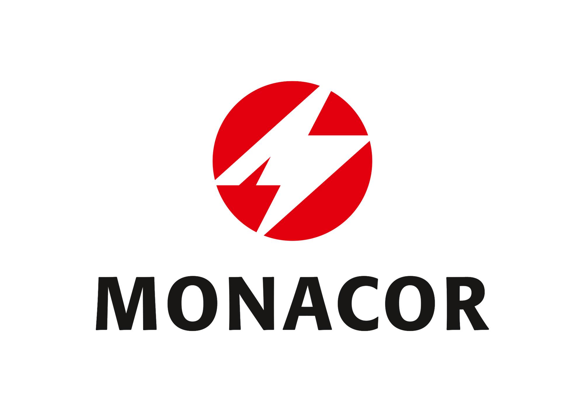 Das Bild zeigt das Monacor-Logo, bestehend aus einem roten, vertikalen Oval mit einem weißen Blitzsymbol darin, über dem schwarzen Wort "MONACOR" auf einem weißen Hintergrund.