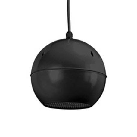 The picture shows a spherical, black loudspeaker suspended from above by a black cable, with a fine grille on the underside, set against a white background.