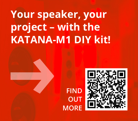 The image shows the text “Your speaker, your project—with the KATANA-M1 kit!” in white lettering on a red, slightly wavy background, a thick white arrow pointing to the right, the words “LEARN MORE NOW” centered below it, and a square QR code with black and white blocks on the right.