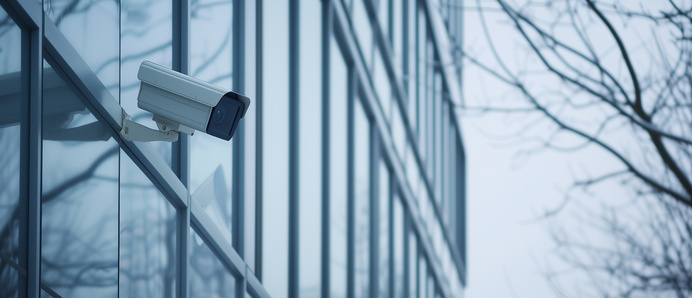 Überwachungskamera an der Glasfassade eines Gebäudes.