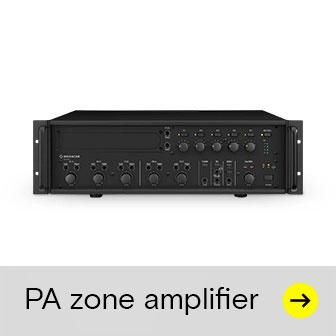 The image shows a black Monacor ELA zone mixer amplifier with numerous knobs, switches and sockets on the front panel against a white background, beneath which is a grey bar bearing the white text ‘ELA zone mixer amplifier’ and a yellow arrow pointing to the right.