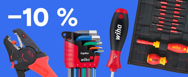 Werbebanner mit blauem Hintergrund, 10-%-Rabatt-Hinweis und verschiedenen Wiha-Werkzeugen wie Abisolierzange, Winkelschlüsselsatz, Schraubendreher und Werkzeugtasche.
