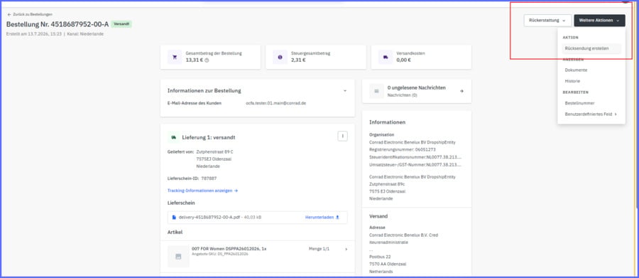 Weitere Aktionen → Rücksendung erstellen