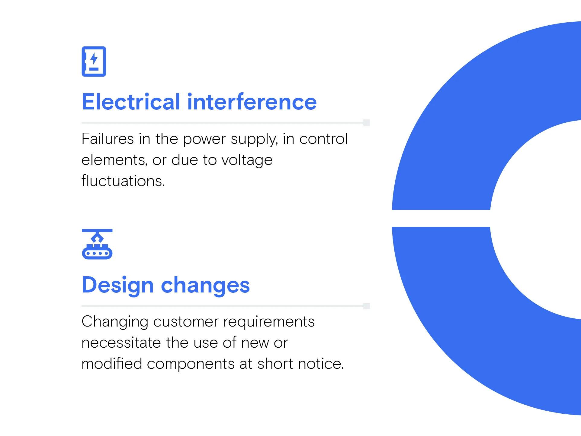 Two sections of text with titles “Electrical disturbances” and “Design changes,” symbols and descriptions, next to a large blue C-shaped element.