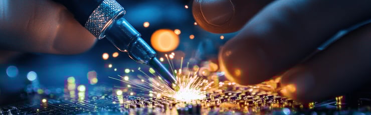 Gros plan sur une opération de soudage où une panne de fer à souder produit des étincelles sur un circuit imprimé et est guidée avec précision par des doigts.