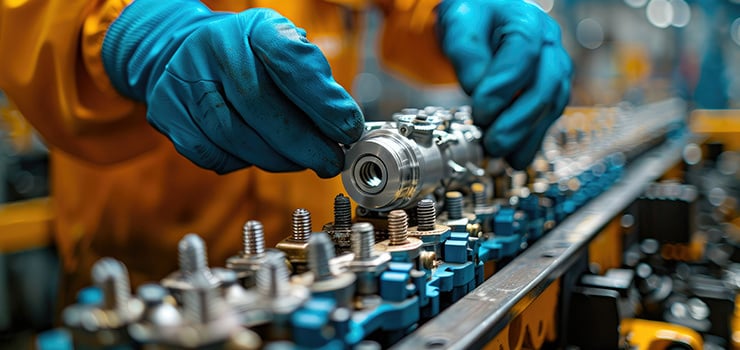 Une personne portant des gants bleus assemble une pièce métallique sur une chaîne de production.