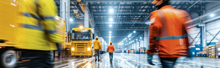 Ouvriers portant un casque de protection et un gilet fluorescent dans un entrepôt avec des camions en arrière-plan.