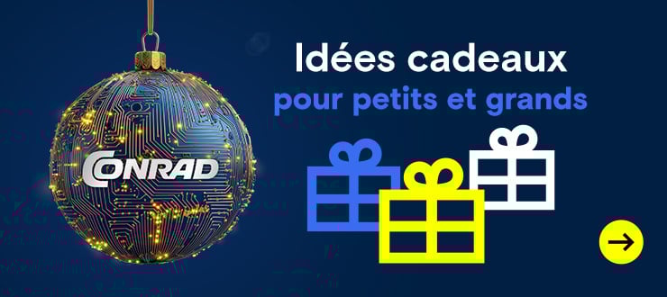 Une boule de Noël bleue avec un motif de circuit imprimé et des points lumineux est suspendue à gauche, accompagnée du texte « Idées cadeaux pour petits et grands » et de trois icônes de cadeaux en bleu, jaune et blanc.