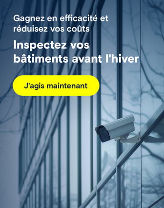 Une caméra de sécurité sur la façade vitrée d'un bâtiment par une journée d'hiver. Le texte demande : "Êtes-vous prêt pour l'hiver ?"